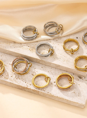 跨境爆款18K金叠戴三层镶钻钛