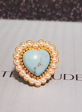 包邮中古饰品爱心蓝松石珍珠戒指内直径17mm送盒