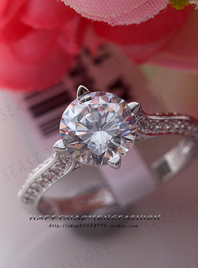 微镶排钻碎钻2克拉戒指仿真钻戒锆石结婚礼订婚轻奢送盒