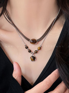 日韩复古虎眼石双层叠戴项链