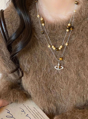 复古轻奢珠珠土星双层毛衣链