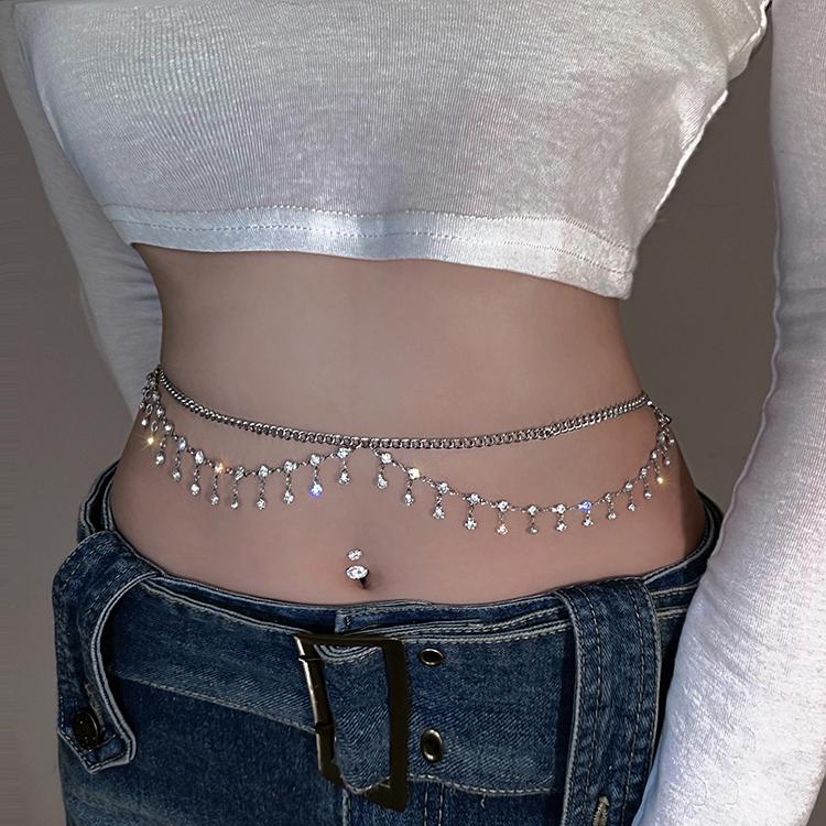 日韩双层闪钻流苏吊坠性感腰链