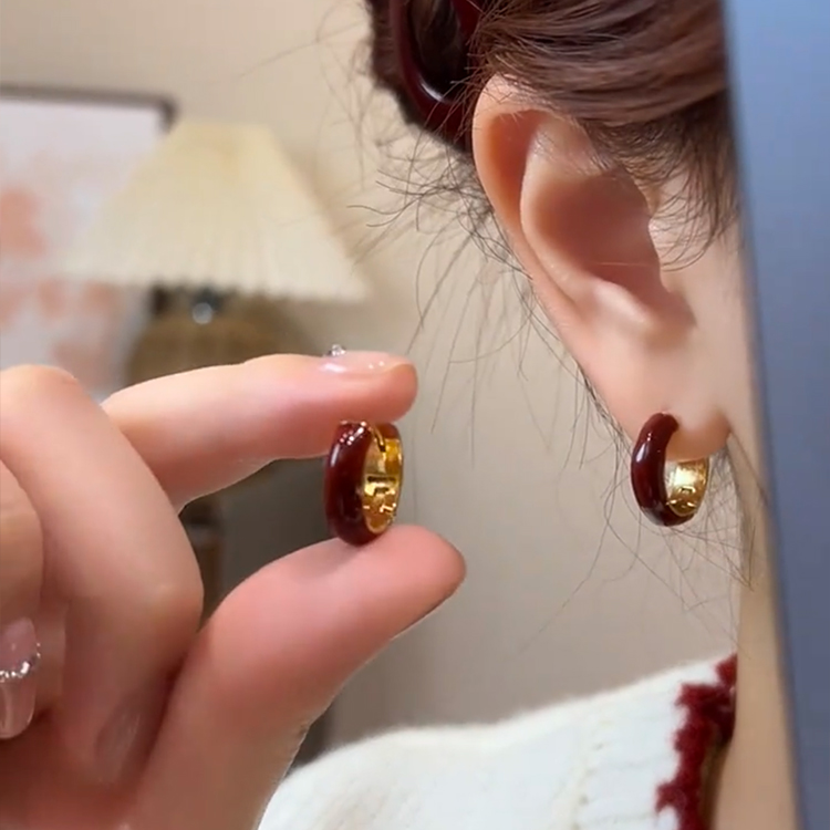复古红色素圈圈耳扣轻奢气质