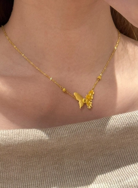金色复古哑光拉丝半蝶半花吊坠珠珠锁骨链新款项链时尚