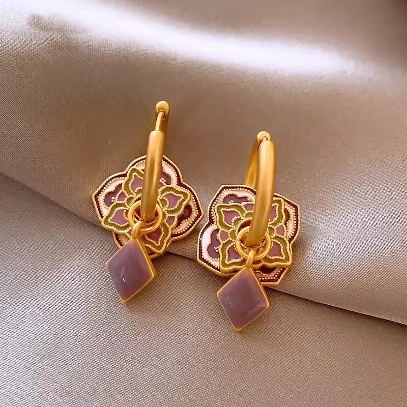 新中式紫色珐琅菱形耳环
