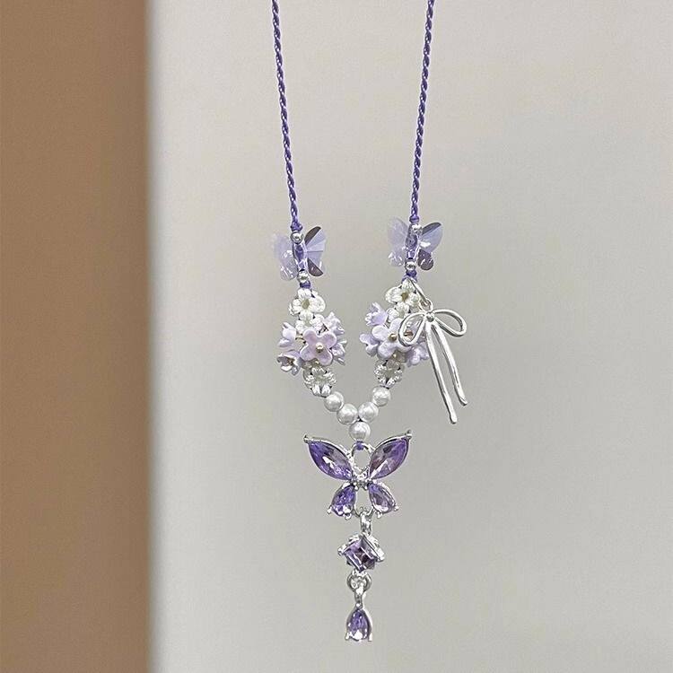 「紫藤花语」心中设紫色蝴蝶结项链新手工编织小花高颜值锁骨链女