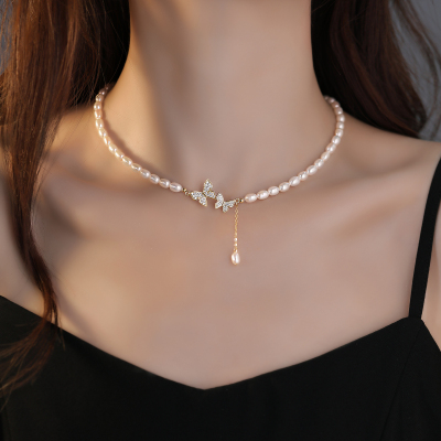 日韩蝴蝶流苏珍珠项链女新款