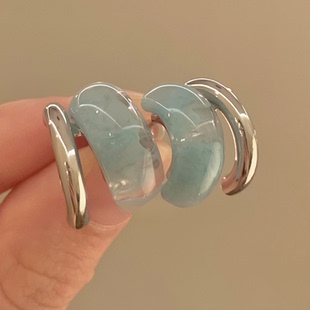 冰萃碧落蓝C型耳环女新款氛围感甜美高级设计感时尚百搭耳钉耳饰