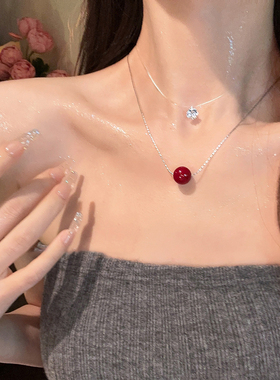 圣诞红圆珠项链女款锁骨链