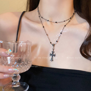 双层叠戴配饰高级甜酷辣妹风高级感轻奢锁骨链 黑色十字架项链长款
