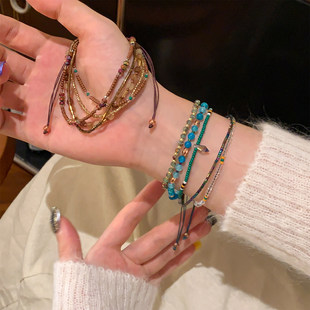 复古美拉德多层叠戴串珠手链女轻奢高级手串民族风手饰简约百搭款