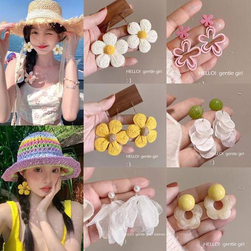 多巴胺编织花朵耳钉女新款夏日度假风春夏新款女高级夸张海边耳饰