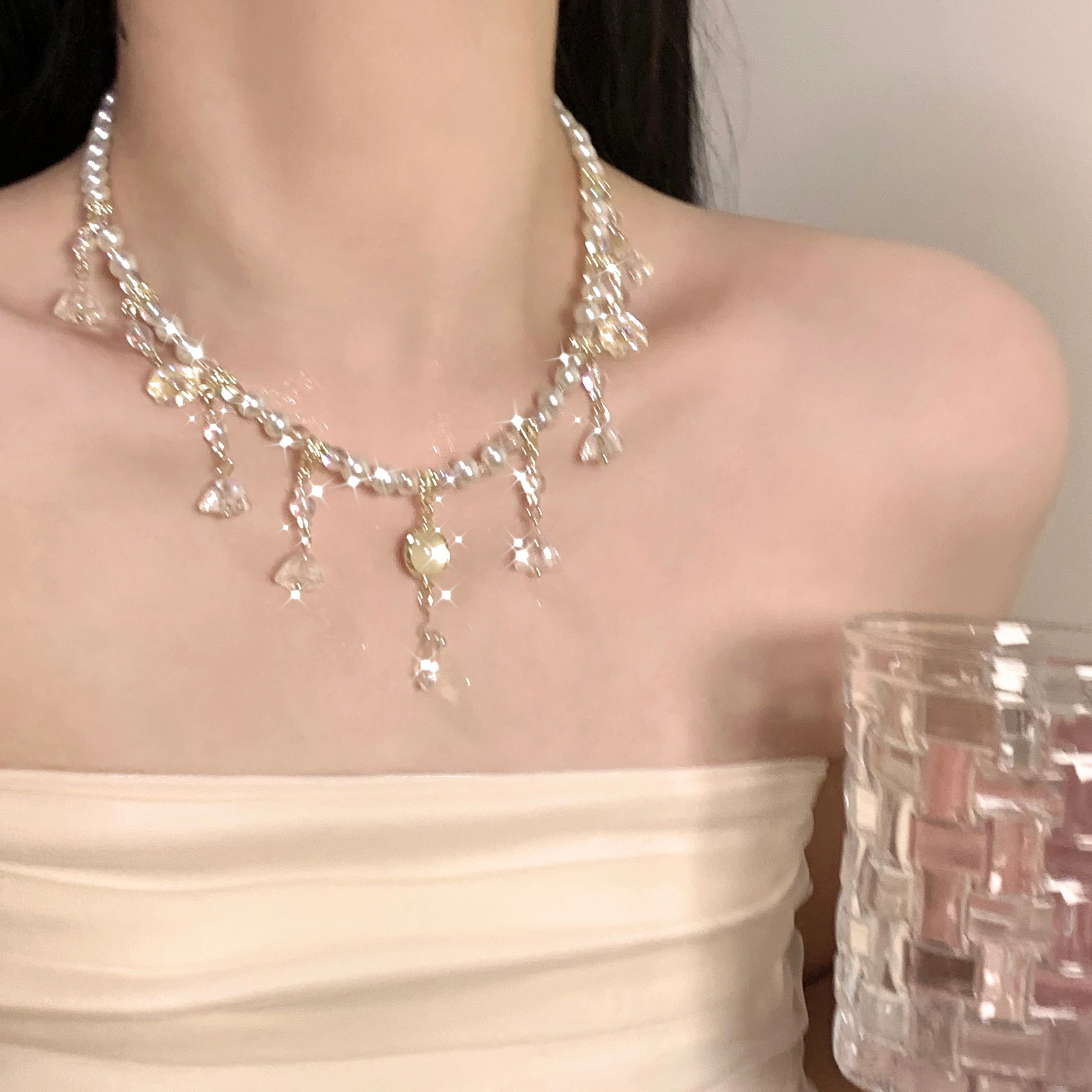 日韩珍珠串珠流苏项链女新款