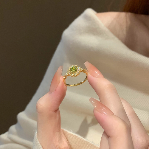 绿色闪钻太阳花金色开口食指戒指
