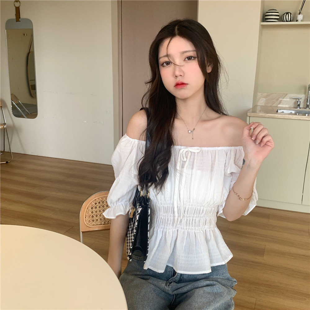 Real shot short sleeve bubble sleeve top, skirt, small shirt, one line collar design, Korean version chiffon shirt