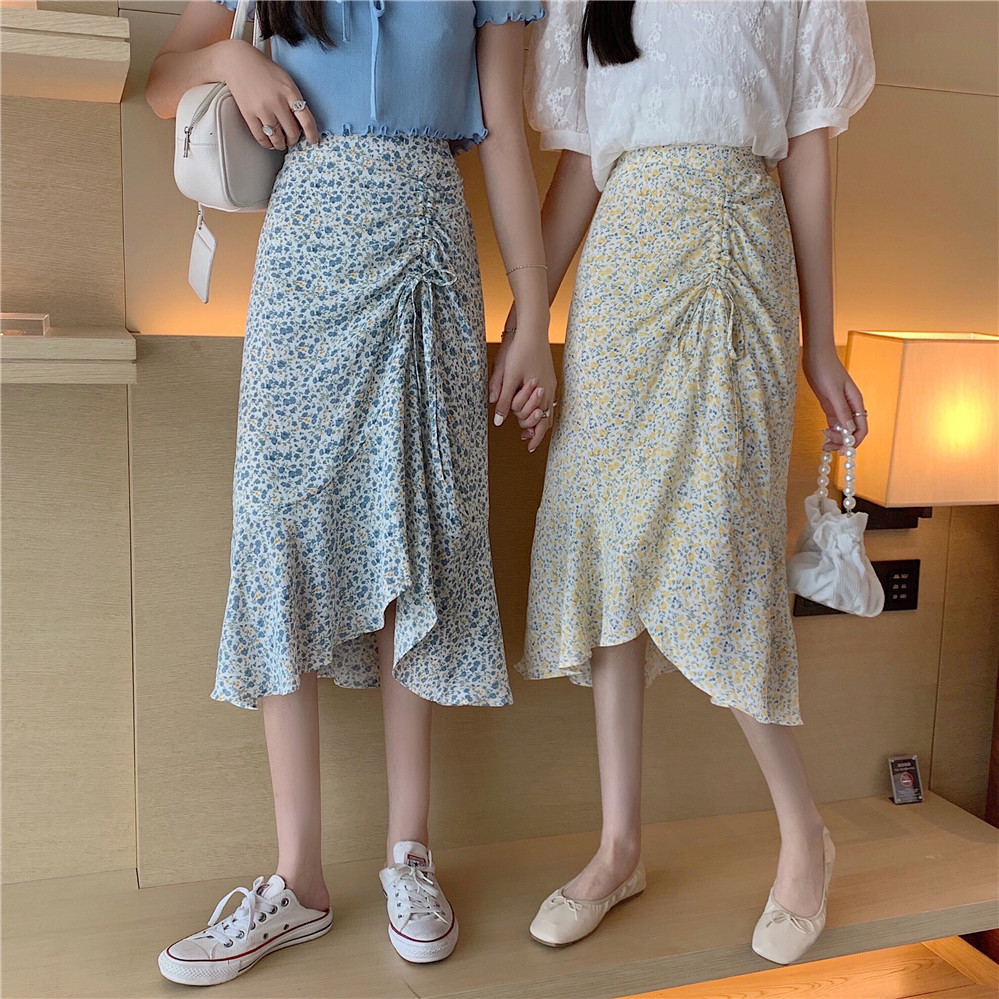 Real Chiffon floral skirt medium length high waist A-line skirt irregular skirt women's Ruffle Skirt