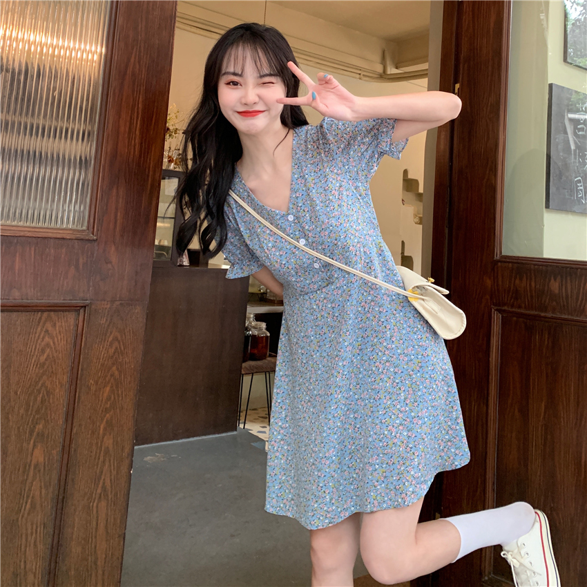 Real Chiffon floral dress women's summer 2021 new small V-neck fresh air skirt
