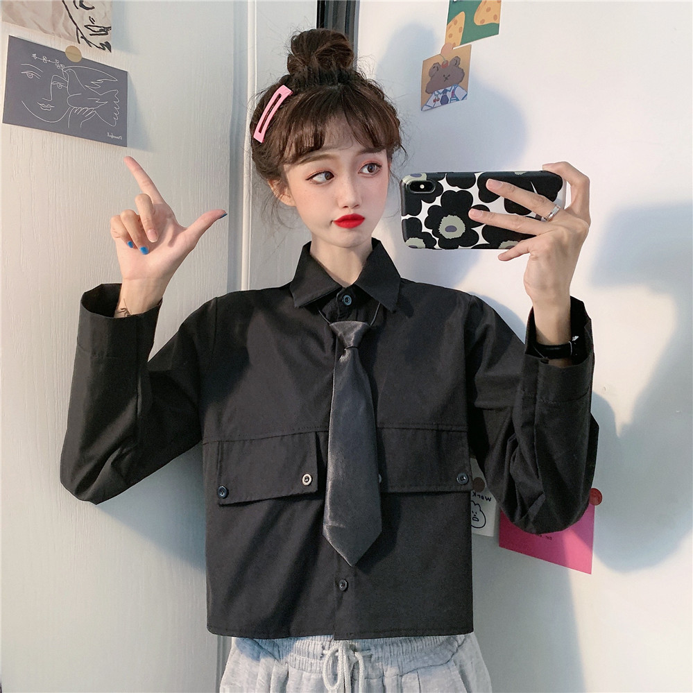 Real shot Korean version long sleeve short shirt design sense tie French foreign style age reducing top blouse