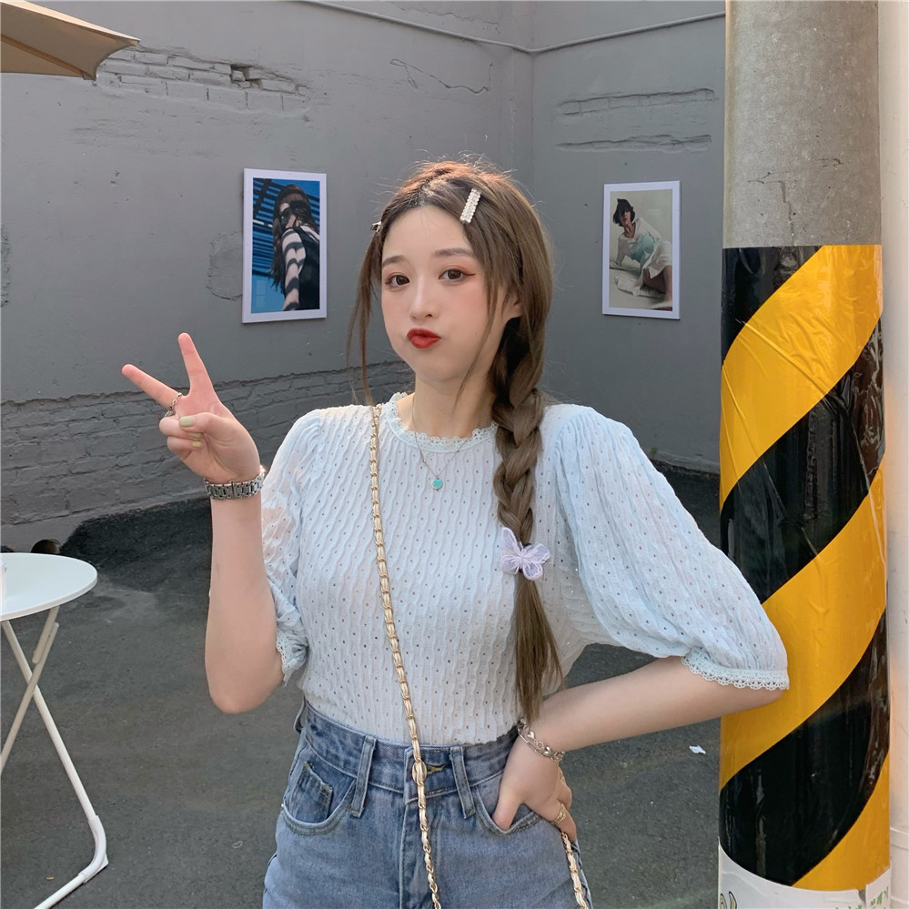 Real shot fashion wave pattern pleated lace round neck short sleeve Pullover blouse Knitted Top