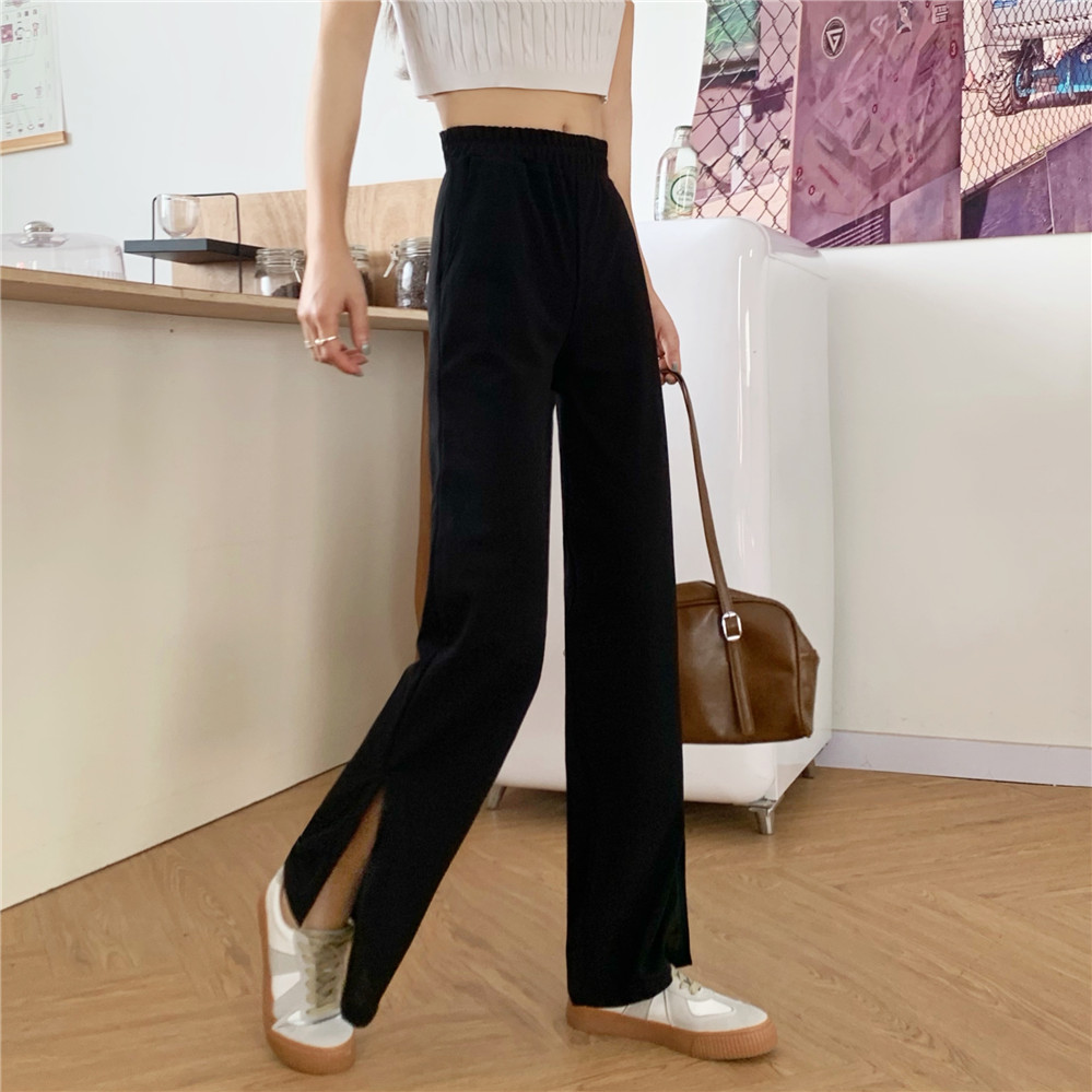 Real shot side split wide leg pants women's floor draping small loose straight high waist slim casual pants