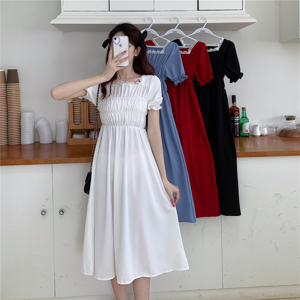 Real shot summer Hepburn dress women's Retro square collar lace bubble sleeve high waist slim mid long skirt