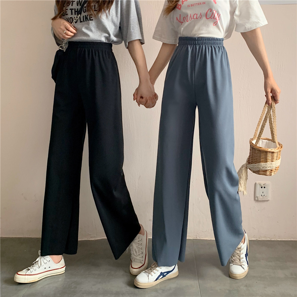 Real shot summer Korean high waist loose and thin casual pants women's ice silk drop feeling straight tube wide leg pants