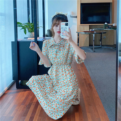 Real shot 2021 spring and summer Korean Edition French Jinghong printed small floral waist dress children's short sleeve