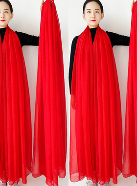 中国红丝巾女夏季大红色围巾广场舞蹈纱巾长款防晒沙滩巾披肩两用