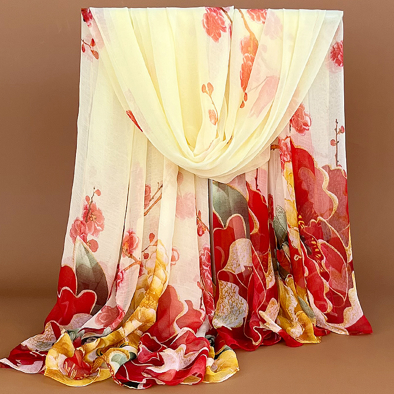 长款米白色丝巾秋冬超大百搭印花围巾女洋气雪纺防晒纱巾披肩两用