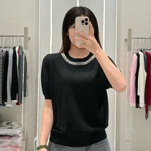 七26 含20羊毛 七七26年夏上新领口钉珠冰丝短袖 针织衫