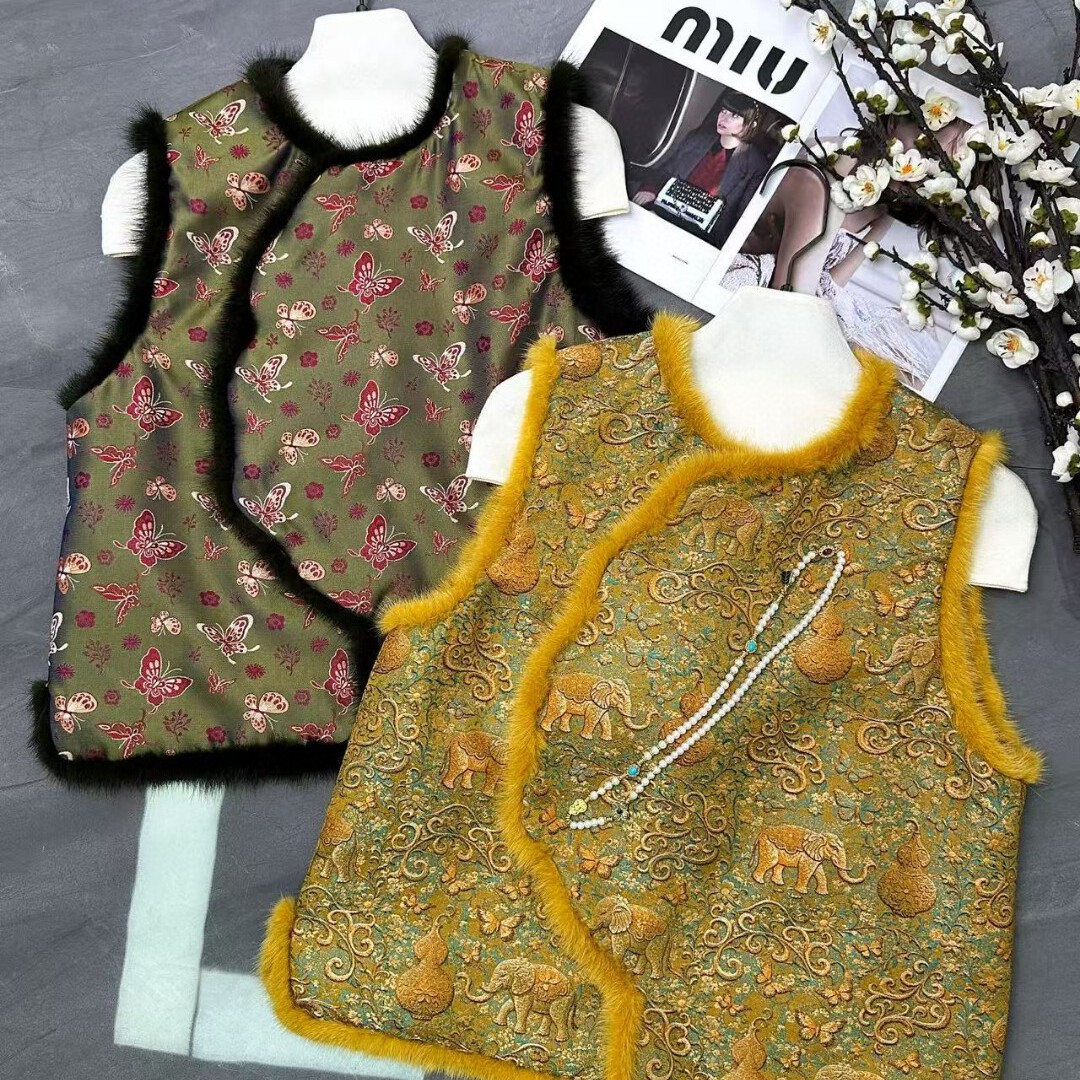 BOYAN冬上新织锦缎水貂毛加棉国风马甲YS63G442