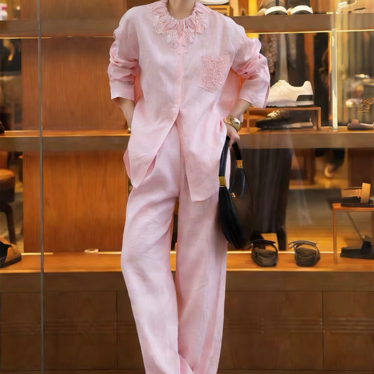 七七设计绣花边领口袋法式复古衬衫+休闲裤套装(两件套)A9927