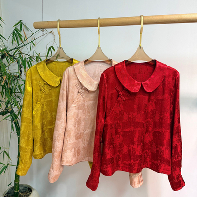 七七26年早春新中式提花盘扣娃娃领修身长袖上衣小衫XQM131