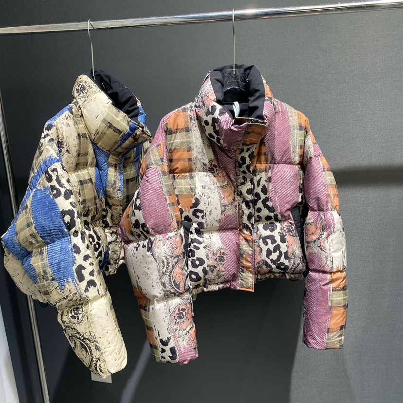 七七冬上新复古拼接格纹豹纹印花短款宽松保暖羽绒服外套99223