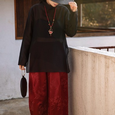 七七设计一款9分茧形裤人丝人棉梅兰竹菊暗纹雕花休闲裤G417-1208