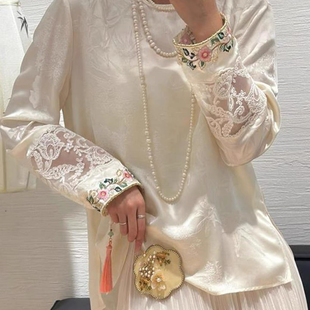 七七春款女装新中式国风刺绣蕾丝拼接上衣小衫(不含下装)CS-LLY-2