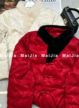 七七小众设计新中式盘扣提花水貂毛保暖羽绒服外套J412