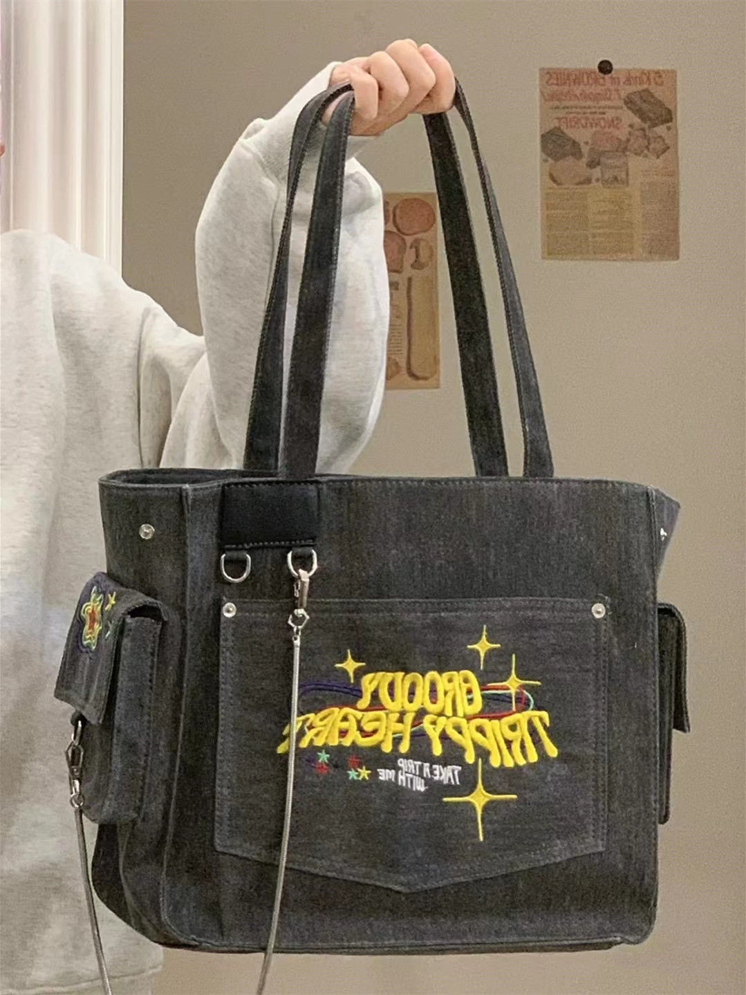 Washed Canvas Embroidered Letters Portable Retro Vintage Tot 运动包/户外包/配件 双肩背包 原图主图