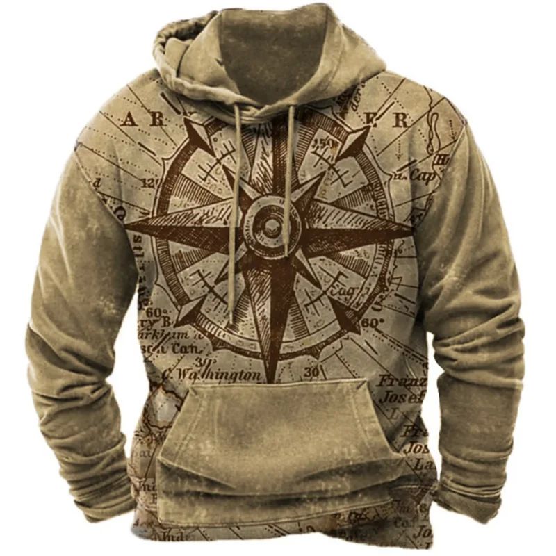 Vintage Men's Hooded Sweatshirts Compass Print Harajuku Hood 户外/登山/野营/旅行用品 卫衣 原图主图