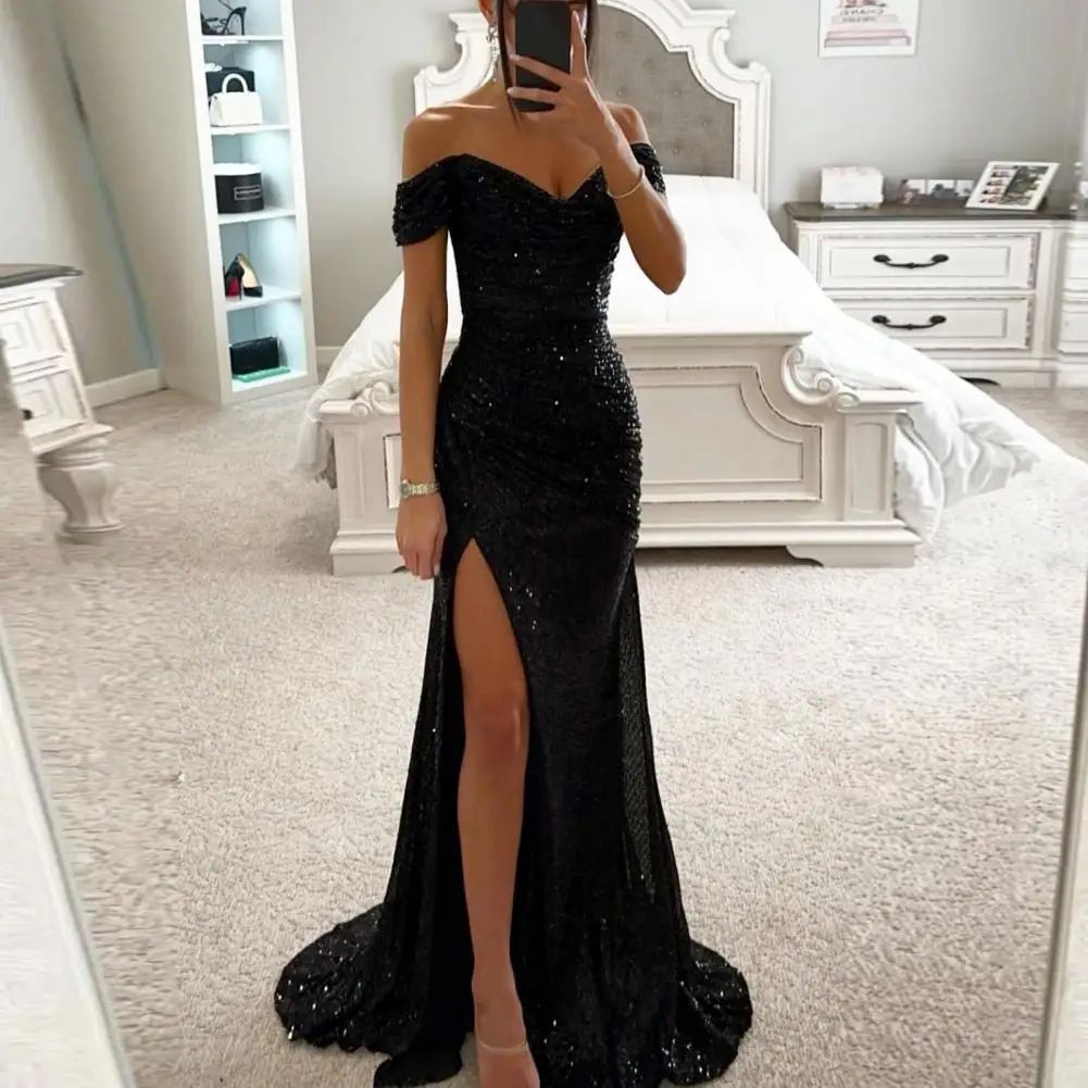 Off-shoulder Gown Dress Solid Color Long Sleeve Dress Elegan