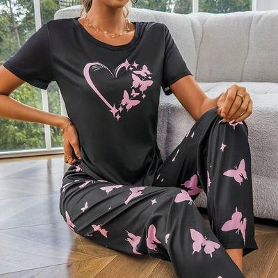 Autumn Women Pajama Sets Cartoon Printing Tops With Long Pan