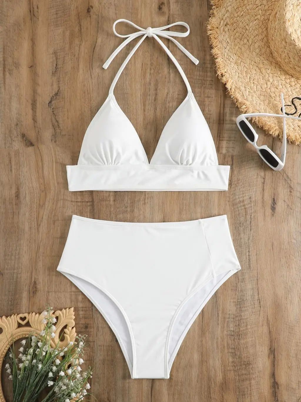 2024 High Waist Bikini Solid White Swimsuit Women Halter Swi 运动/瑜伽/健身/球迷用品 比基尼 原图主图