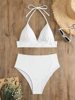 2024 High Waist Bikini Solid White Swimsuit Women Halter Swi