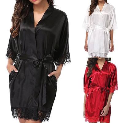 Women Iace Silk Pajamas Robes Sleepwear Nightgowns Half Slee