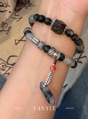 S925银天珠泼墨山水曜石黑发晶黑檀木飘花南红手串