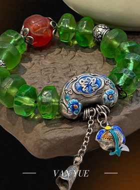 足银蓝色莲花红琉璃雕花绿色琉璃方糖手串百搭小众新中式