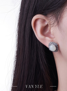 S925银复古和田玉开口戒指吊坠耳钉女轻奢时尚个性雕花复古套组