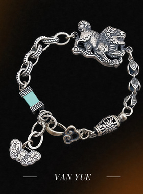 原创设计925手工银925老银银镶绿松石纯银手链男女同款银饰品