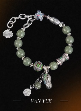 S925纯银花生小鱼碧玉老型桶珠手链女复古民族风串珠原创设计饰品