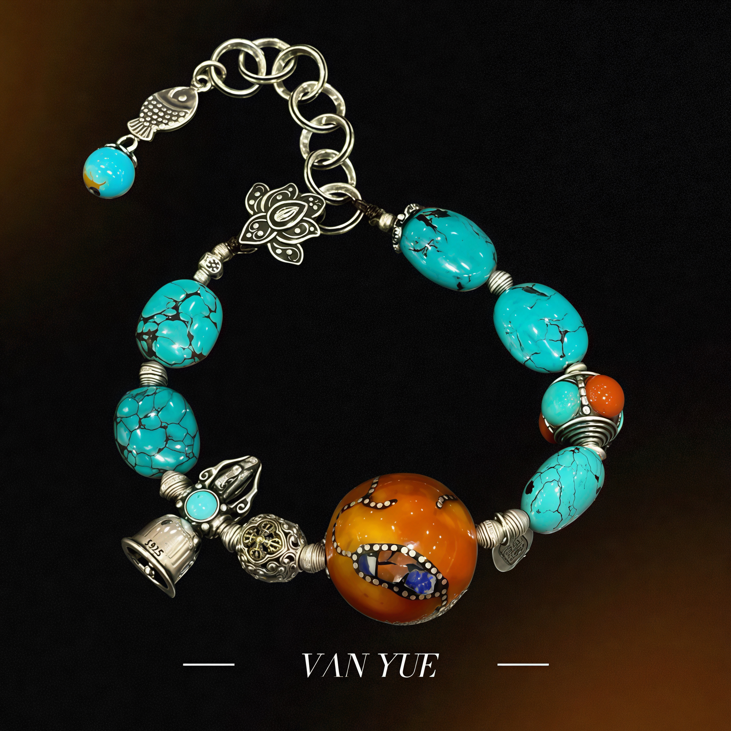 S925银蜜蜡（大小光面哑光不一）松石金刚杵铃铛南红手链多样性发